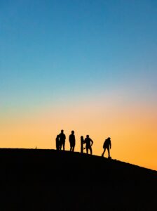 silhouette photography of four people holding snowboards